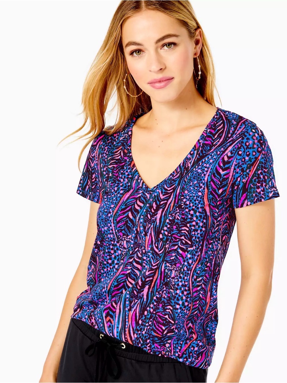 Lilly Pulitzer 100% Cotton V-Neck Printed Tee Size Medium Blue Pink Tropical